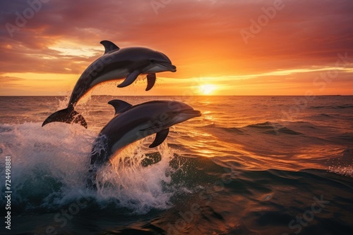 Elegant Dolphins Dance: Silhouettes illuminated by warm sunset light in serene ocean setting © Александр Раптовый