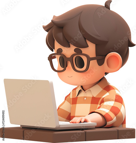 Boy sitting in front of laptop 3d illustration style isolated on transparent background. PNG