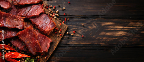 Dried meat, jerky slices with spices and herbs. Horizontal banner