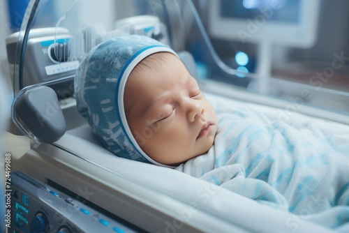 Premature newborn baby in hospital incubator, cesarean birth