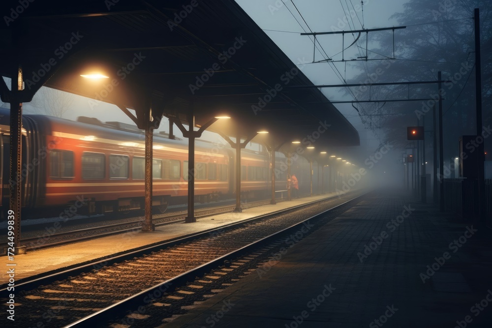 Eerie and enchanting train station enveloped in dense fog and mist