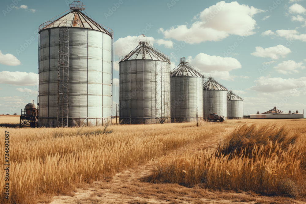 Elevators, granary in a field against a blue sky