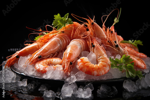 Raw shrimps on ice close-up