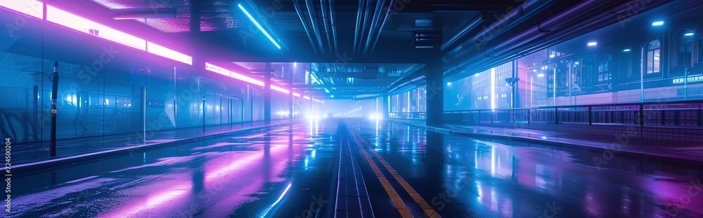A wet street under a bridge at night, illuminated by vibrant pink and blue neon lights. The slick road surface reflects the lights, enhancing the futuristic urban atmosphere. A wet street under a bridge at night, illuminated by vibrant pink and blue neon lights. The slick road surface reflects the lights, enhancing the futuristic urban atmosphere.