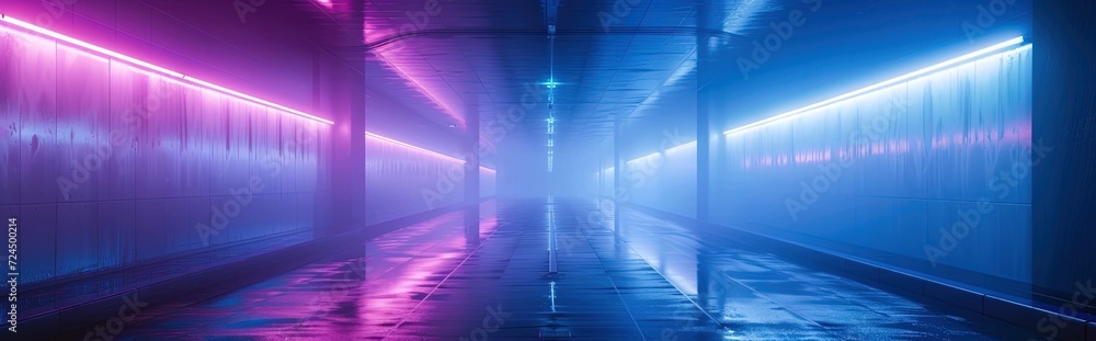 A vibrant, futuristic tunnel illuminated by pink and blue neon lights. The wet road reflects the lights, creating a stunning, cyberpunk atmosphere.