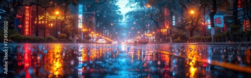 A tranquil city street, bathed in the afterglow of rain, with vibrant reflections from neon signs and streetlights on the wet pavement.