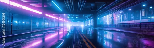 A wet street under a bridge at night, illuminated by vibrant pink and blue neon lights. The slick road surface reflects the lights, enhancing the futuristic urban atmosphere.