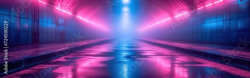 A vibrant, futuristic tunnel illuminated by pink and blue neon lights. The wet road reflects the lights, creating a stunning, cyberpunk atmosphere.