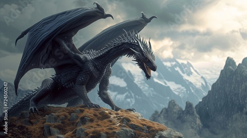 Fierce black dragon on mountain ridge