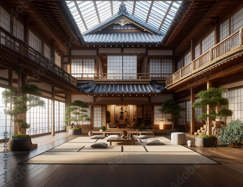 Ancient japanese temple from inside with plants and beautiful lightning. photo