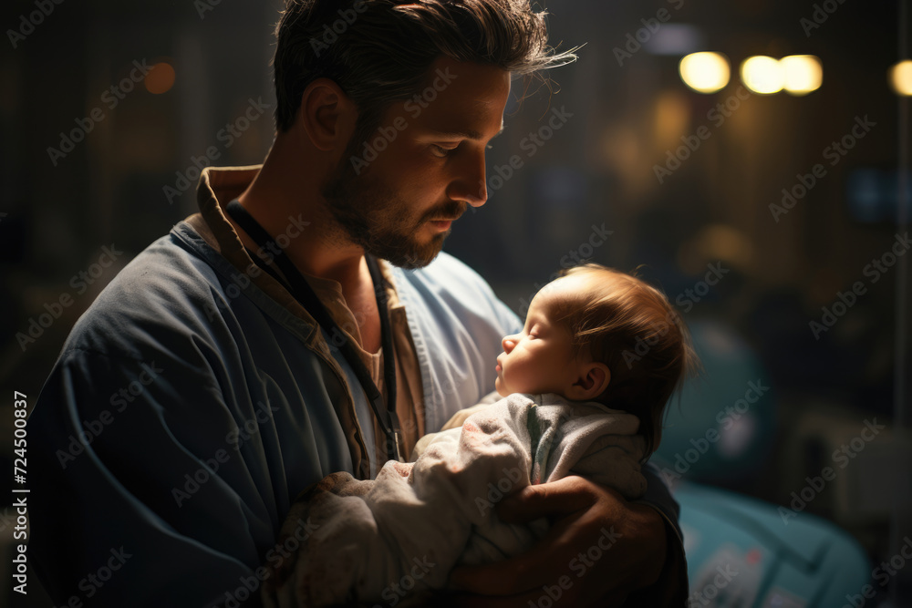 Dad holding newborn baby in maternity hospital after childbirth Dad holding newborn baby in maternity hospital after childbirth
