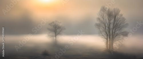 Elegant Foggy Morning: Enchanting Scene as Sunlight Breaks Through Misty Atmosphere.