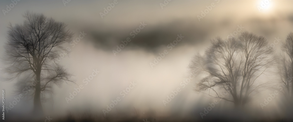 Obraz premium Elegant Foggy Morning: Enchanting Scene as Sunlight Breaks Through Misty Atmosphere.