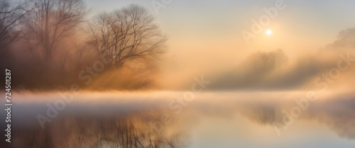 Elegant Foggy Morning: Enchanting Scene as Sunlight Breaks Through Misty Atmosphere.