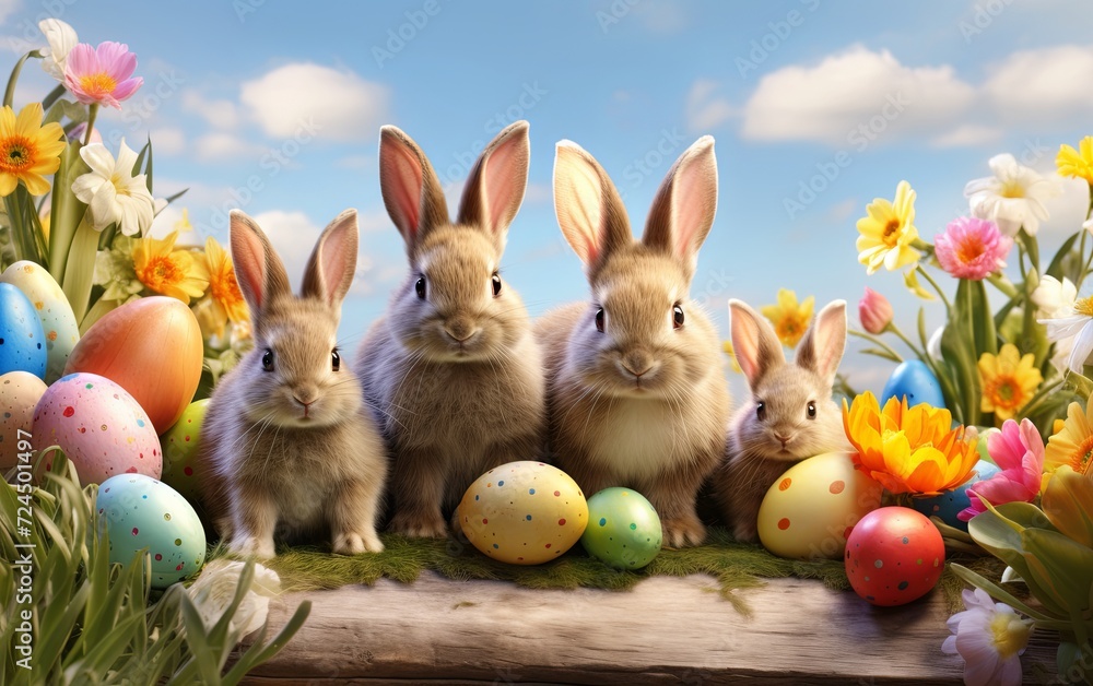 Festive Easter banner with playful bunnies, eggs, and flowers, bringing colorful joy to the occasion Festive Easter banner with playful bunnies, eggs, and flowers, bringing colorful joy to the occasion