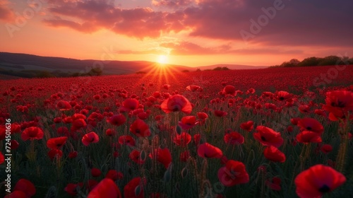 Beautiful field of poppy flowers at dawn © olegganko