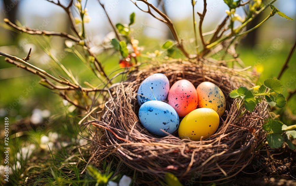 Nest with easter eggs in grass on a sunny spring day Nest with easter eggs in grass on a sunny spring day