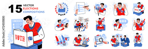 Activists vote at polling stations, hold debates and rallies. State elections. Selecting a candidate for political office. Vector illustration on a social theme.