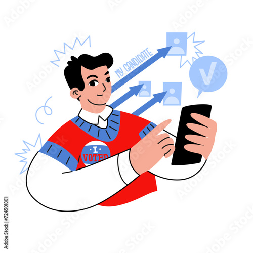A person sends a vote for his candidate. Illustration of the increase in the number of voters in the elections. Online voting. Vector illustration isolated on transparent background.