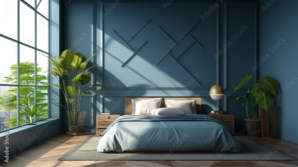 Simplicity in Design: A Minimalist Bedroom with a Blue Geometric Feature Wall Simplicity in Design: A Minimalist Bedroom with a Blue Geometric Feature Wall