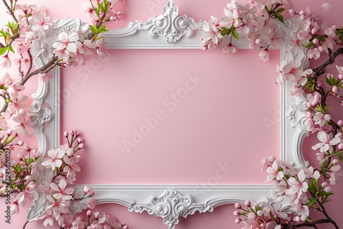 White picture frame, pink background, Valentine's Day