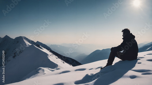 a man sitting on top of a snow covered mountain next to a forest of trees and a sun shining, cinematic photography © Ozgurluk Design