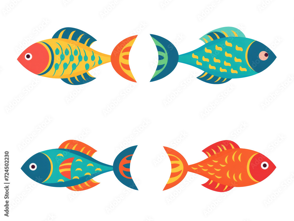 A set of four colorful fish. The sea inhabitants are decorated with a pattern. Multicolor, color flat illustration in a cartoon, stylized style