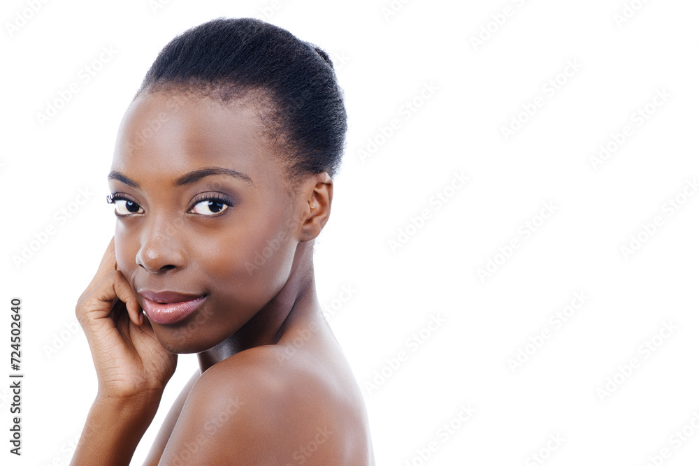 Mockup, skincare and portrait of black woman in studio with beauty, natural makeup or facial glow. Cosmetics, dermatology or face of girl on white background space for healthy skin, shine or wellness Mockup, skincare and portrait of black woman in studio with beauty, natural makeup or facial glow. Cosmetics, dermatology or face of girl on white background space for healthy skin, shine or wellness