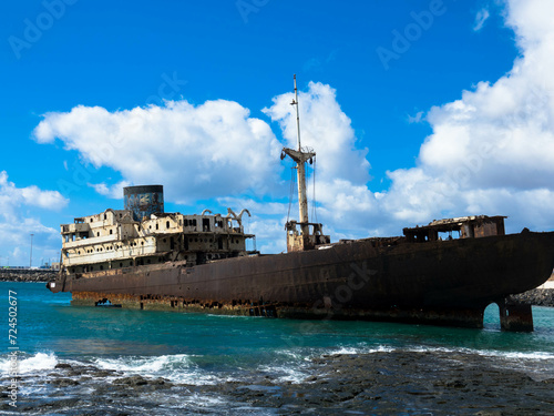 Lost place. Shipwreck called Temple Hall or Telamon in a bay near Arrecifes industrial port on the Canary Islands of Lanzarote.
Ecological disaster.