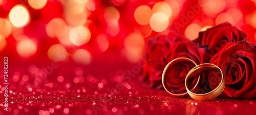 Romantic red gold wedding rings with red roses and bokeh lighting copy space for text