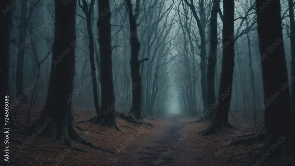 a path in a dark forest with trees on both sides of it and a foggy sky above it, dark atmosphere a path in a dark forest with trees on both sides of it and a foggy sky above it, dark atmosphere