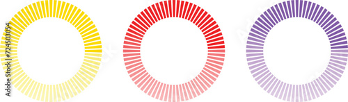 Segmented circles, progress indicators, buffer symbols collection. Yellowm red and purple circles. Loading circles. Vector illustration