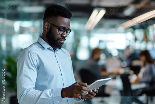 Handsome african businessman using his tablet in the office