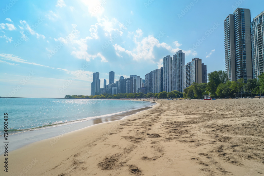 sandy beach overlooking the embankment and city skyscrapers sandy beach overlooking the embankment and city skyscrapers