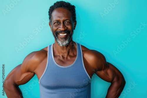 African Athletic attractive smilling middle aged man isolated in front on a bright light blue background