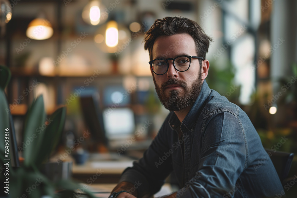 Portrait of a handsome adult man working in a coworking space, looking at camera Portrait of a handsome adult man working in a coworking space, looking at camera