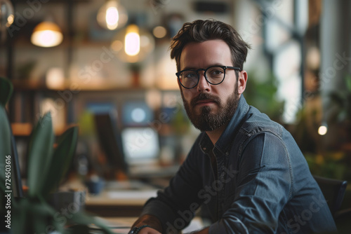 Portrait of a handsome adult man working in a coworking space, looking at camera