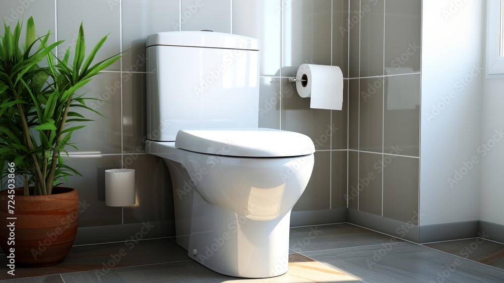 Pristine white toilet bowl in a sterile tiled bathroom, the epitome of cleanliness and modern sanitation Pristine white toilet bowl in a sterile tiled bathroom, the epitome of cleanliness and modern sanitation