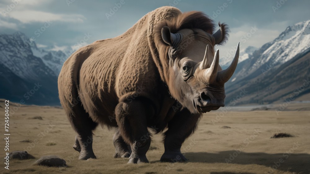Fototapeta premium a wolly rhino standing on top of a sandy field next to mountains and snow covered mountains in the background