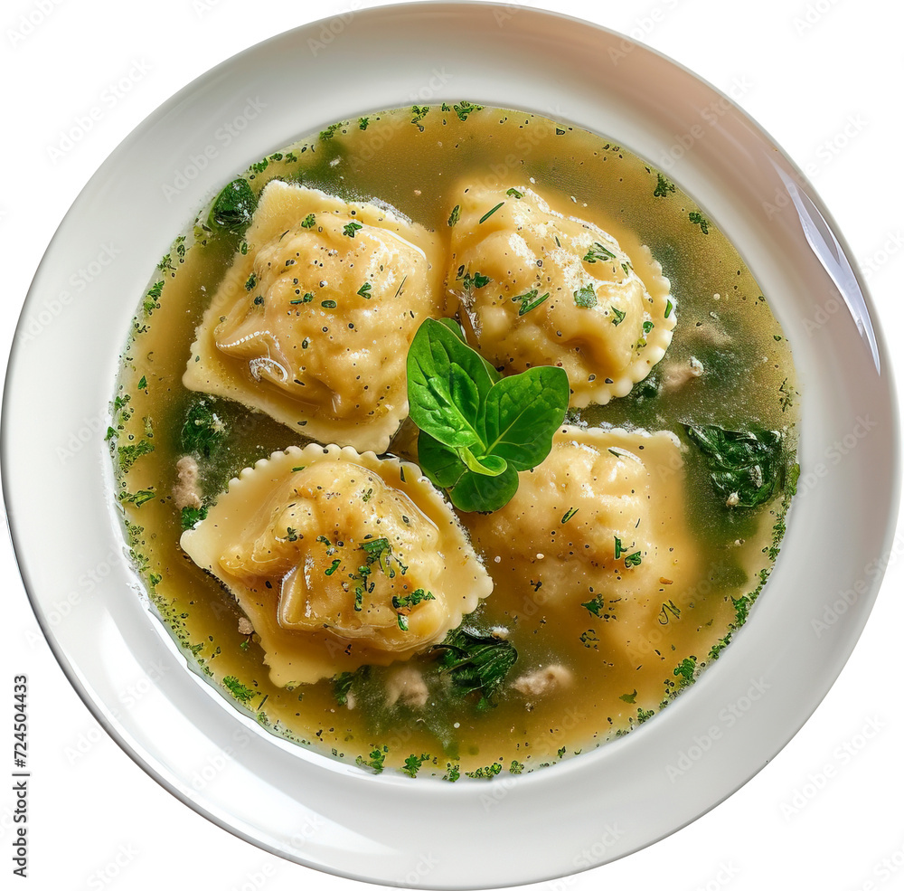 Swabian dumplings filled with spinach and meat, served in a flavorful broth, isolated on transparent background. PNG Swabian dumplings filled with spinach and meat, served in a flavorful broth, isolated on transparent background. PNG