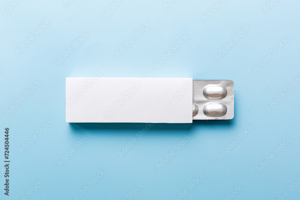 Blank White Product Package Box Mock-up. Open blank medicine drug box with blister top view Blank White Product Package Box Mock-up. Open blank medicine drug box with blister top view