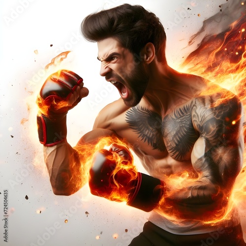 Fierce male man pugilist martial artist fighter with fire flames fists , martial arts power energy concept