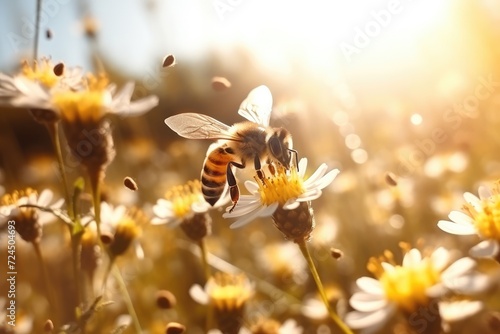 Close-up bee collects pollen from wildflowers on meadow, sun rays background. A honey bee collects nectar on blossom flowers at meadow, sun rays background. Macro. Pollination worldwide, wildlife © m