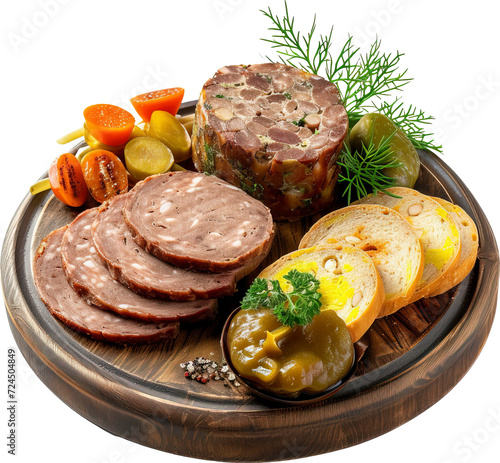 Leberkäse with slices of Bavarian meatloaf, mustard, and pickles, isolated on transparent background. PNG photo