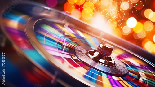 Carnival's vibrant prize wheel spinning rapidly, with blurred lights and festive background photo