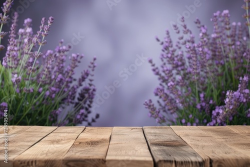 Empty Wooden Table Top for Product Display with Lavender Background