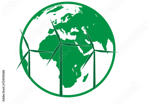 Icono verde de planeta tierra con aerogeneradores. 