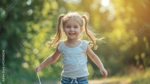 Beautiful little girl jumping rope in a summer park and laughing and looking ...