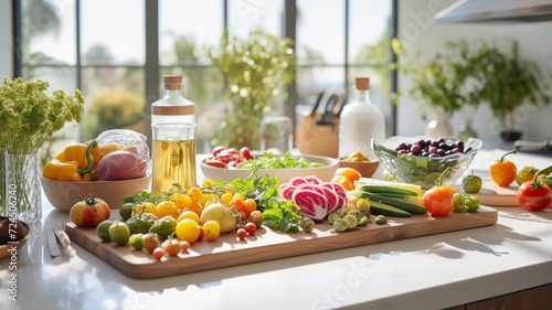 airy kitchen scene, sunlight bathing a clean countertop with fresh ingredients ready for a gourmet meal