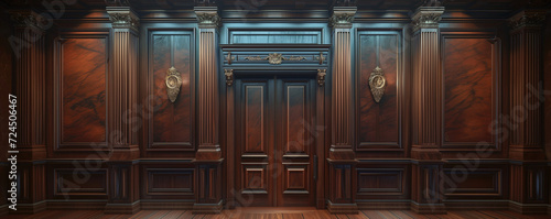 Classical Mahogany: Ornate Wooden Wall Detailing and Sconces in a Luxurious Interior, generative AI
